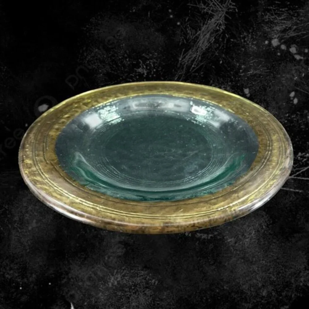 Vintage Italian Hand Made Fused Art Glass Plate Dish Transparent Green With Gold